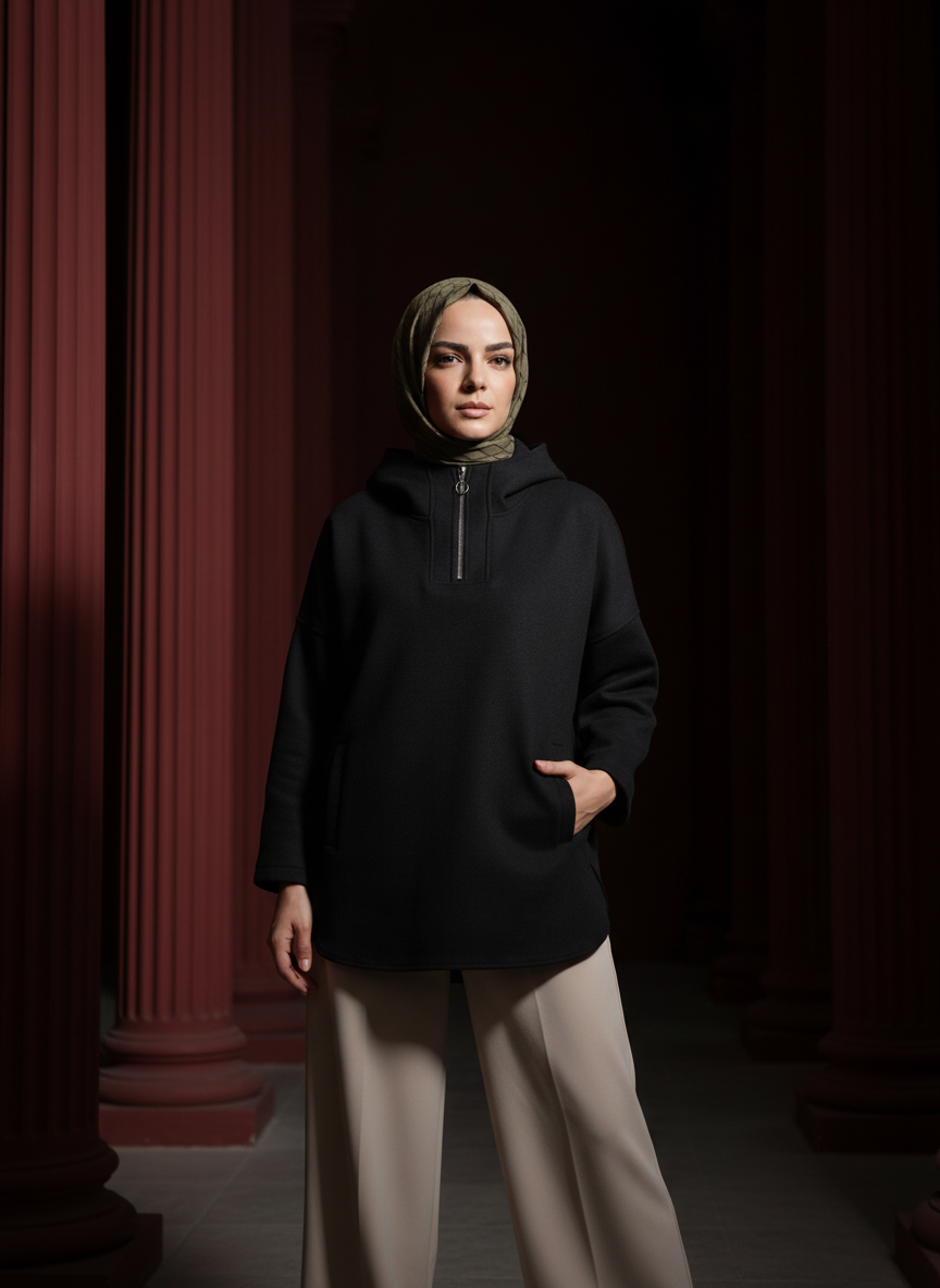 Noire Minimal Yarım Fermuarlı Hoodie Tunik – Siyah