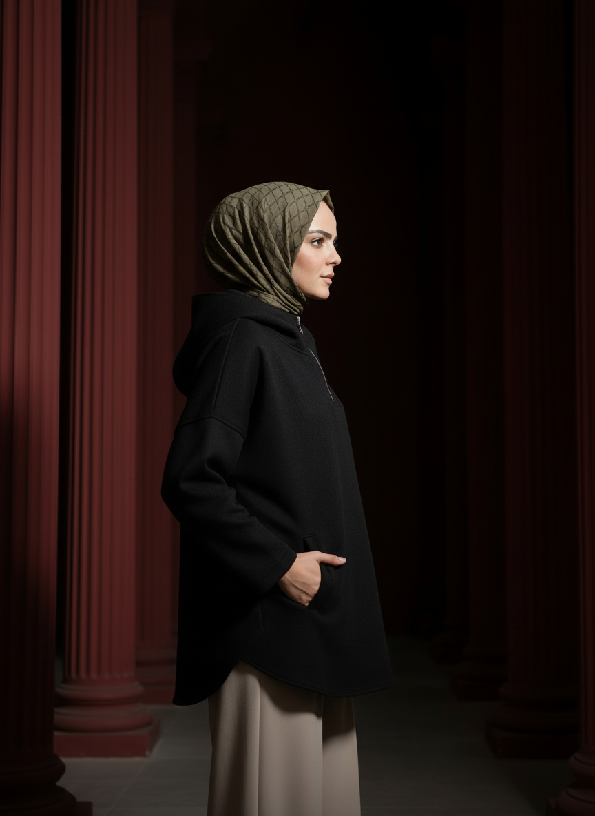 Noire Minimal Yarım Fermuarlı Hoodie Tunik – Siyah