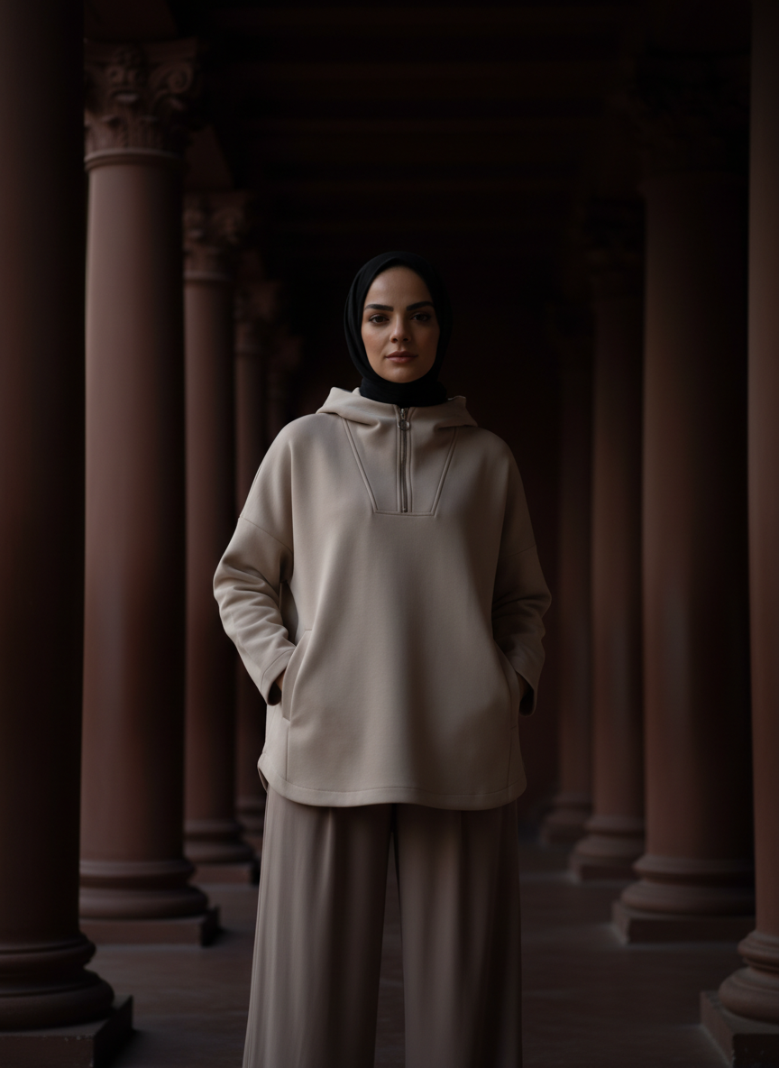 Liora Soft Touch Yarım Fermuarlı Hoodie Tunik – Taş