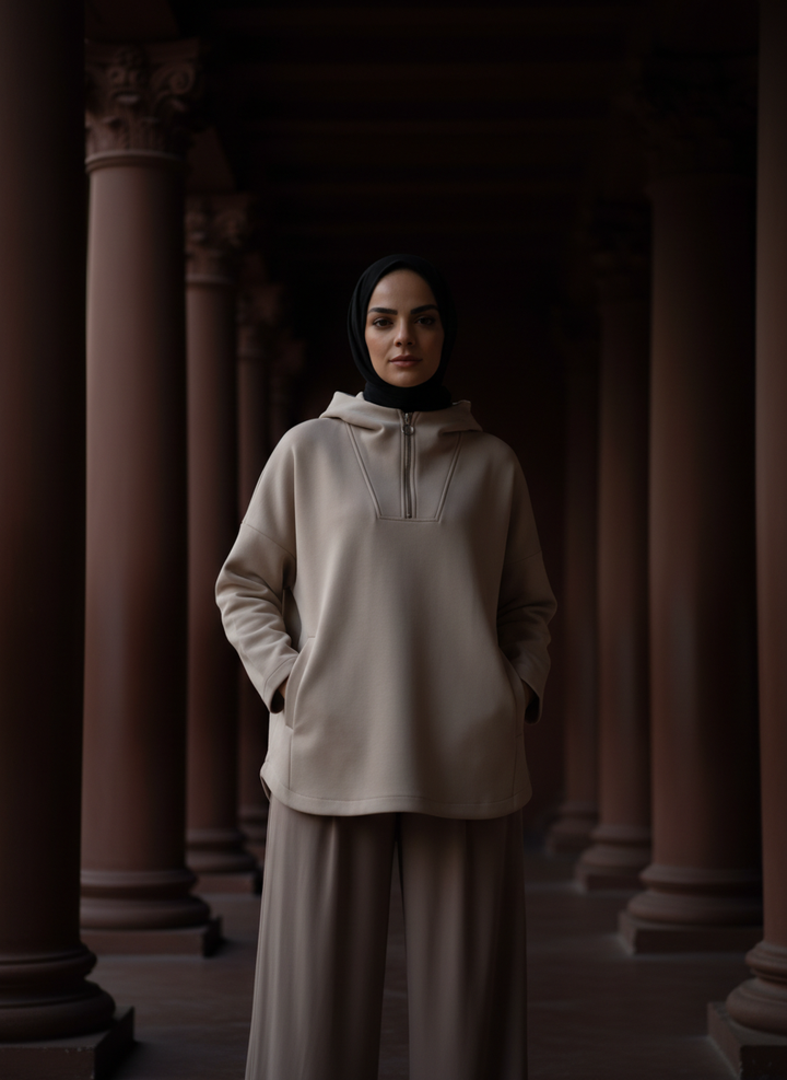 Liora Soft Touch Yarım Fermuarlı Hoodie Tunik – Taş