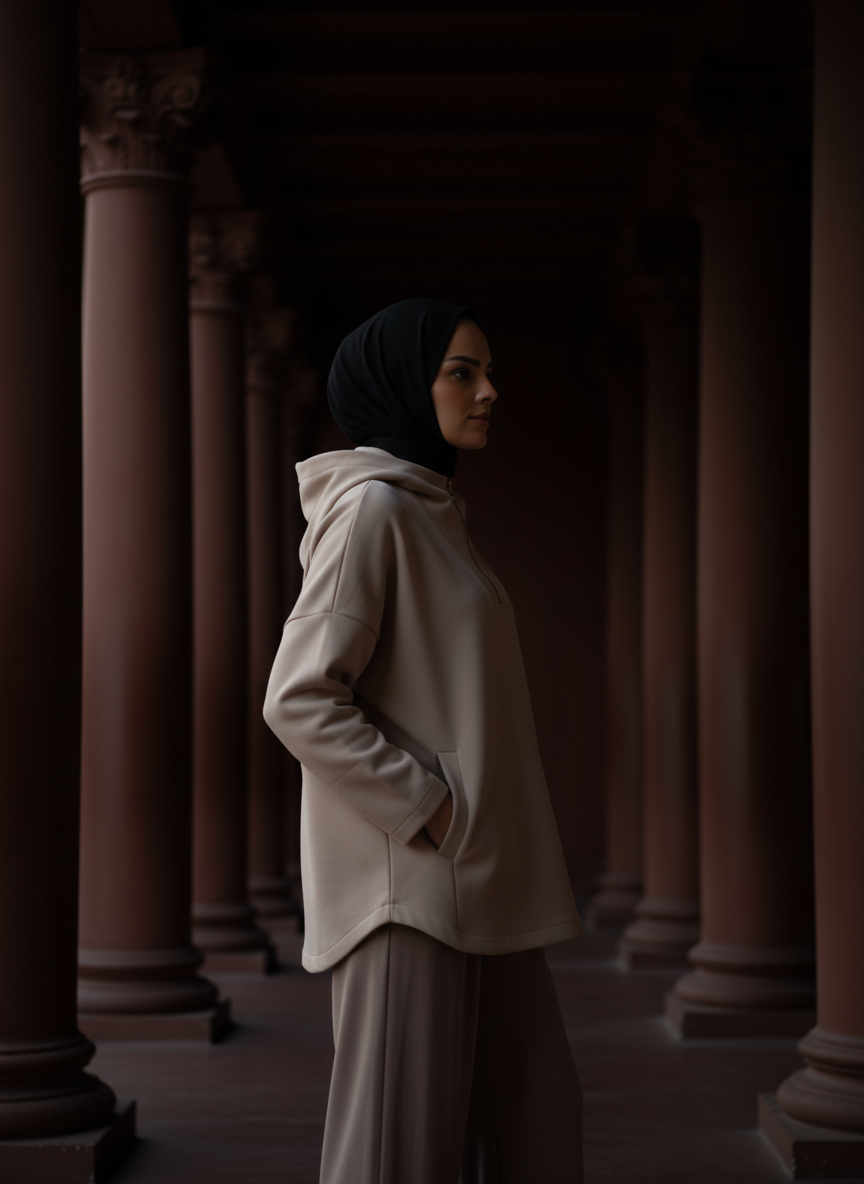 Liora Soft Touch Yarım Fermuarlı Hoodie Tunik – Taş