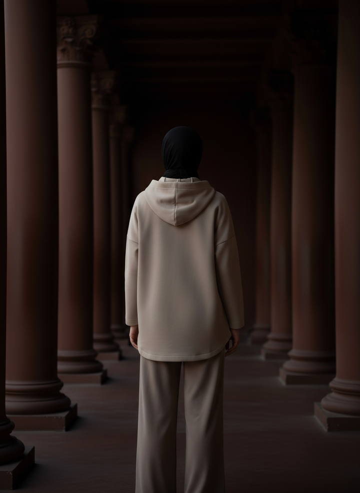 Liora Soft Touch Yarım Fermuarlı Hoodie Tunik – Taş