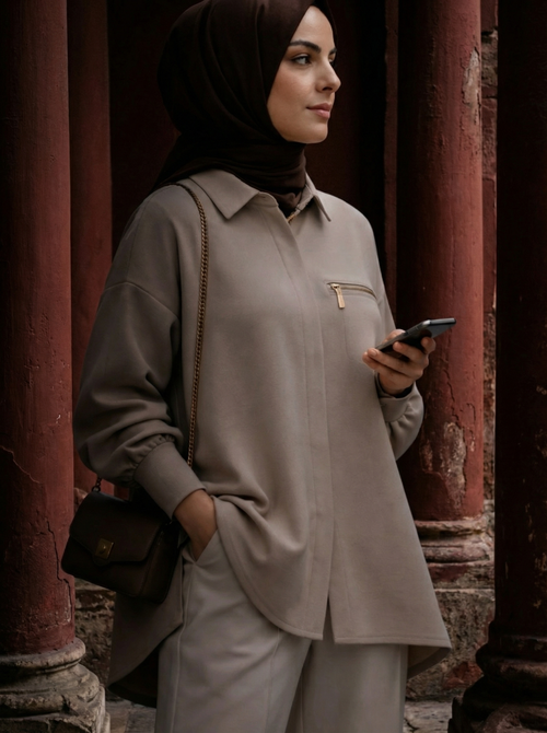 Elara Cep Detaylı Oversize Tunik – Bej