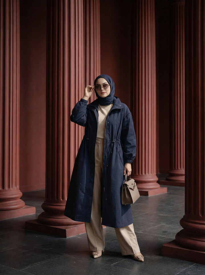 Lacivert Aura Uzun Trençkot – Premium Koleksiyon